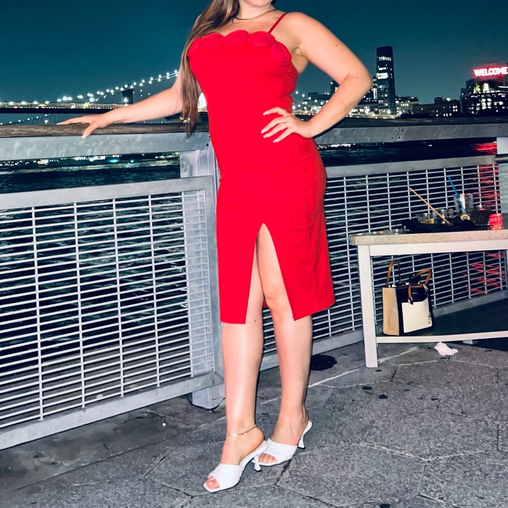 Chic Red Rose-Embellished Salsa Dress M